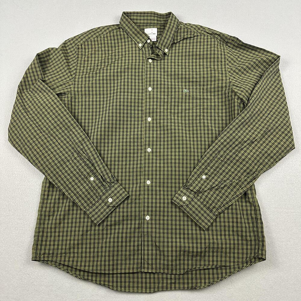 Lacoste Shirt Men 44 Green Check Long Sleeve Button Down Cotton Casual Croc Logo